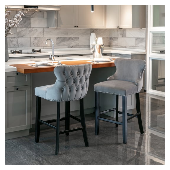 A&A Furniture,Contemporary Upholstered Wing-Back Barstools with Button Tufted Decoration and Wooden Legs, and Nailhead Trim, Leisure Style Bar Chairs,Bar stools, Set of 2 (Gray),SW1824GY