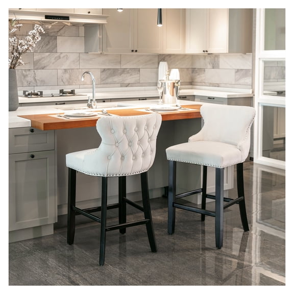 A&A Furniture,Contemporary Upholstered Wing-Back Barstools with Button Tufted Decoration and Wooden Legs, and Nailhead Trim, Leisure Style Bar Chairs,Bar stools, Set of 2 (Beige),SW1824B