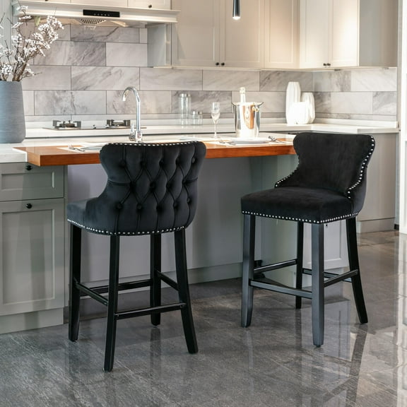 37" Black Velvet Bar Stools Set of 2, Wingback Counter Stools with Tufted Back & Chrome Nailhead Trim