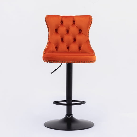 A&A Furniture Orange Velvet Swivel Barstools (Set of 2) - Adjustable Height 25-33", Tufted Back, 17.7" Stable Base, Modern Upholstered for Kitchen Island & Home Pub