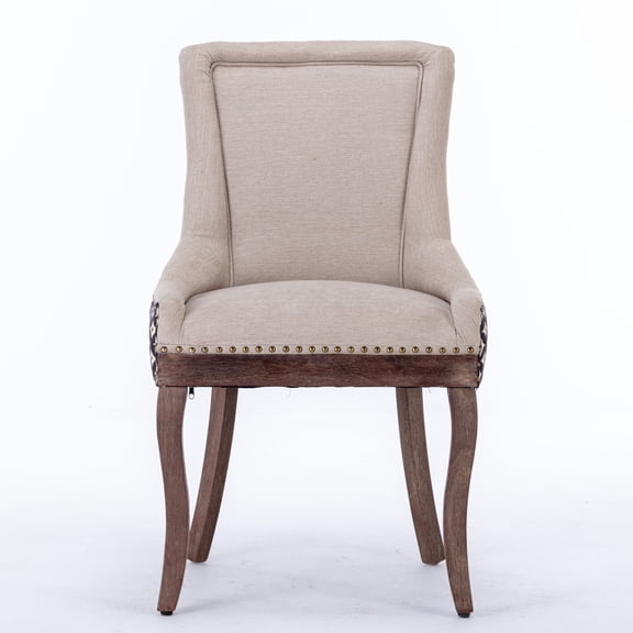 A&A Furniture Set of 2 Ultra Side Dining Chairs, Beige/Patterned Fabric, Solid Rubberwood Legs, Bronze Nailhead Trim, Mid-Century Modern American Design for Dining Rooms