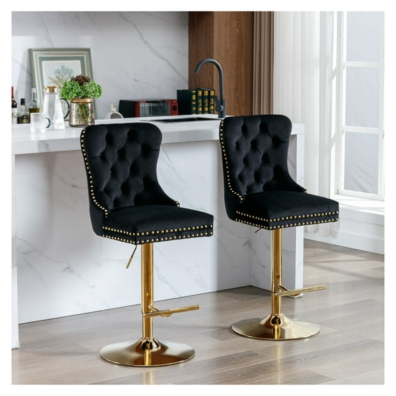 A&A Furniture,Thick Golden Swivel Barstools Adjusatble Seat Height from 27-35 Inch, Modern Upholstered Bar Stools with Backs Comfortable Tufted for Home Pub and Kitchen Island (Black,Set of 2)