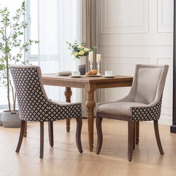 A&A Furniture, Ultra Side Dining Chair, Thickened fabric chairs with neutrally toned solid wood legs, Bronze nail head, Set of 2, Beige and Patterned,SW2207BG