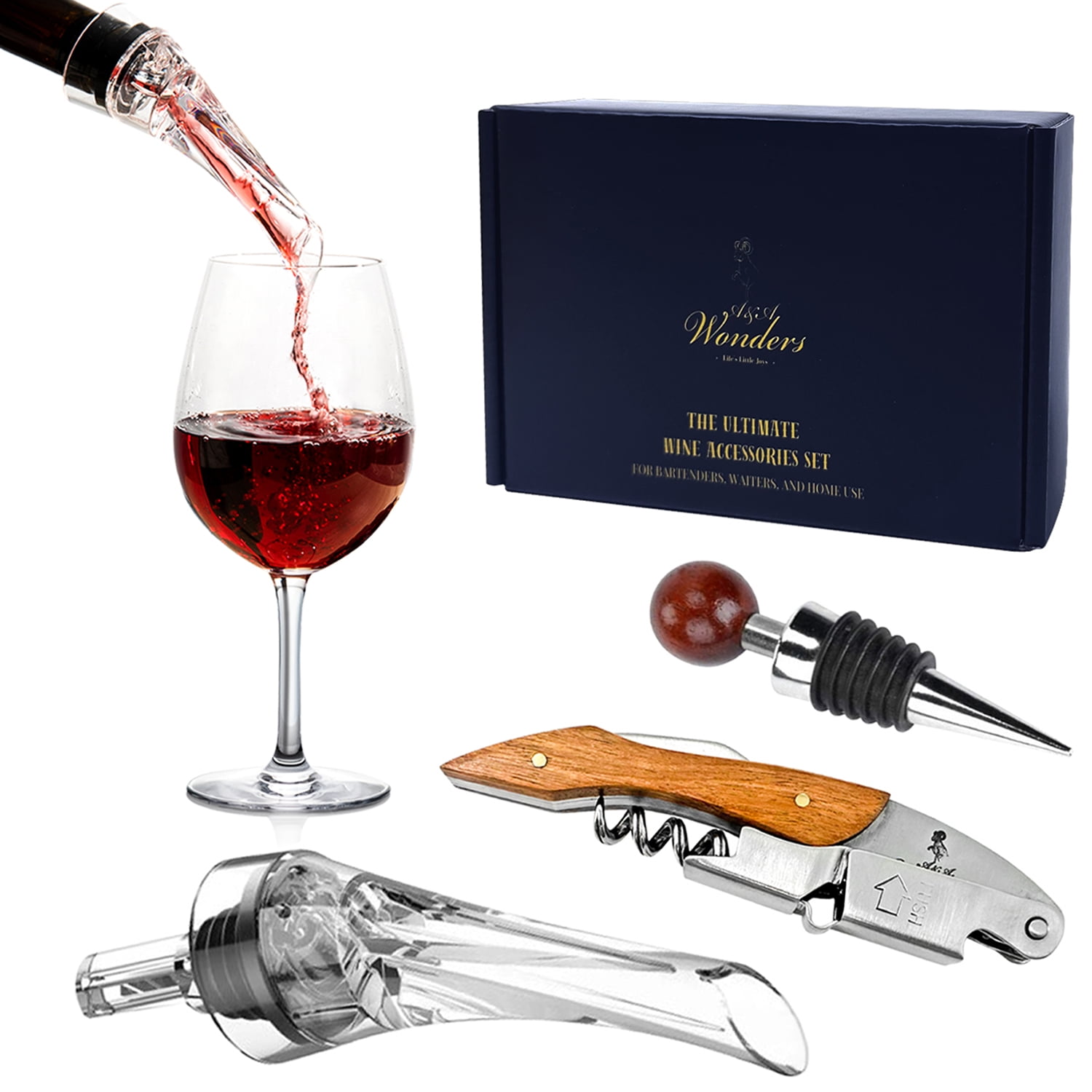 Stainless Steel and Wood Wine Accessories Set with Aerator