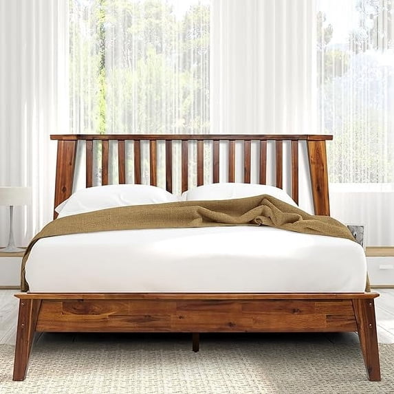 Acacia Kaylin Queen Sized Solid Wood Platform Bed Frame with Headboard ...