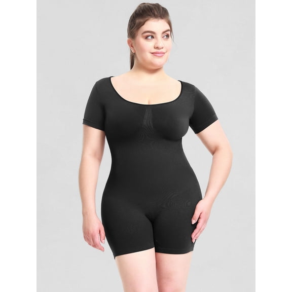 A AGROSTE Women Seamless Shoet Sleeves Square Neck Full Body Shapewear Bodysuits Rompers Tummy Control Sculpting Butt Lifter Body Shaper
