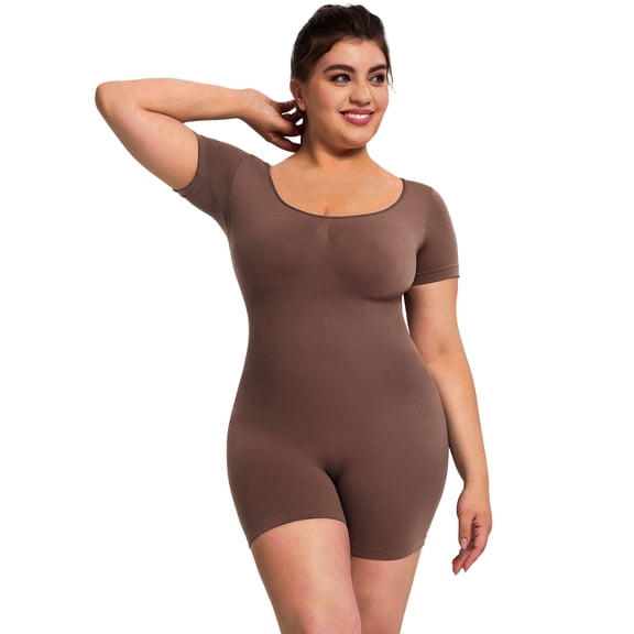 A AGROSTE Women Seamless Shoet Sleeves Square Neck Full Body Shapewear Bodysuits Rompers Tummy Control Sculpting Butt Lifter Body Shaper