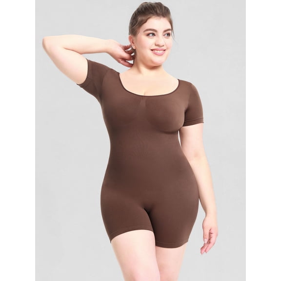 A AGROSTE Women Seamless Shoet Sleeves Square Neck Full Body Shapewear Bodysuits Rompers Tummy Control Sculpting Butt Lifter Body Shaper