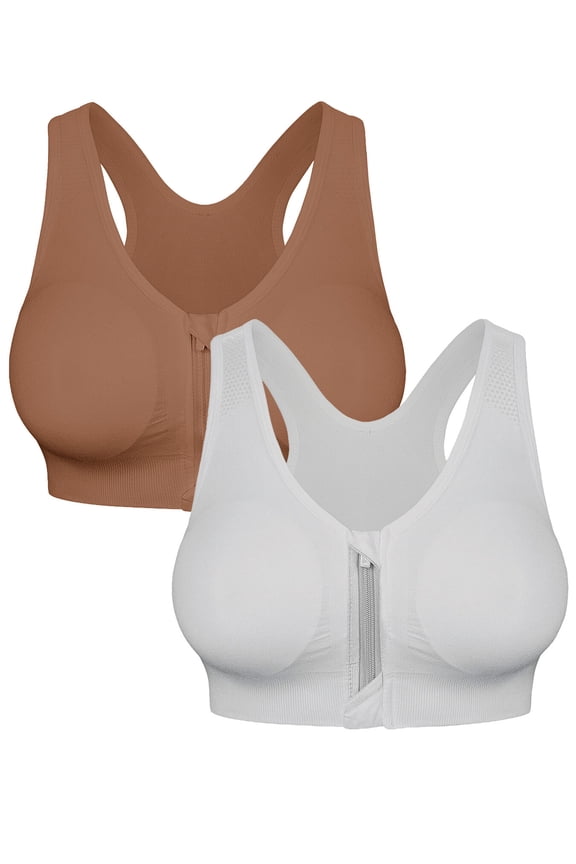 Women's Zip Front Closure Sports Bra - Seamless Wirefree Post Surgery Zipper Padded Racerback Workout Gym Yoga Bras