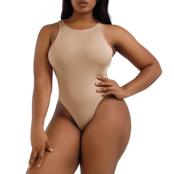 A AGROSTE Women's Seamless Slimming Crew Neck Thong Bodysuit Outfits with Sleeveless Body Shaper Tank Tops