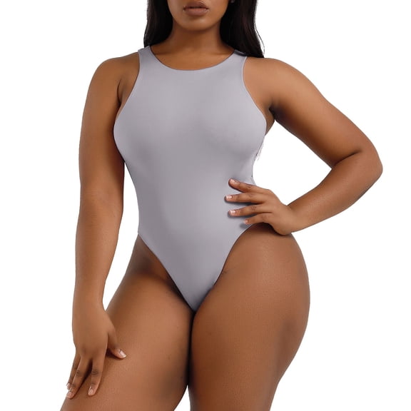 A AGROSTE Women's Seamless Slimming Crew Neck Thong Bodysuit Outfits with Sleeveless Body Shaper Tank Tops