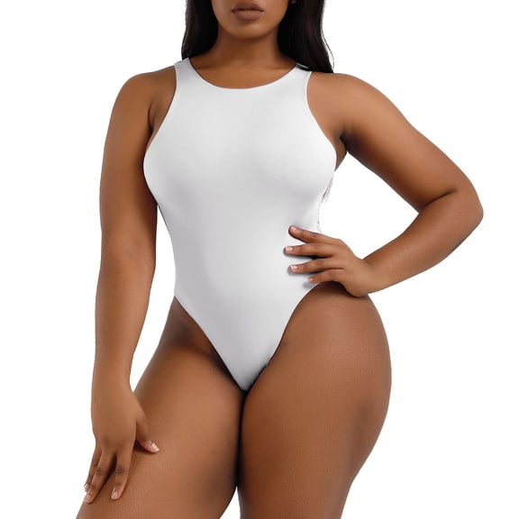 A AGROSTE Women's Seamless Slimming Crew Neck Thong Bodysuit Outfits with Sleeveless Body Shaper Tank Tops