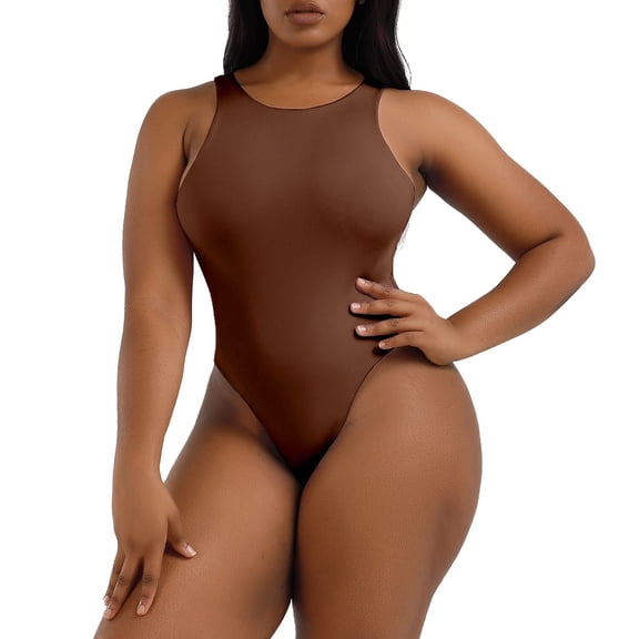 A AGROSTE Women's Seamless Slimming Crew Neck Thong Bodysuit Outfits with Sleeveless Body Shaper Tank Tops