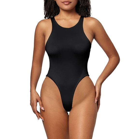 A AGROSTE Women's Seamless Slimming Crew Neck Thong Bodysuit Outfits with Sleeveless Body Shaper Tank Tops