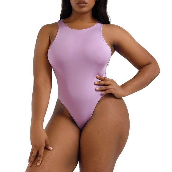 A AGROSTE Women's Seamless Slimming Crew Neck Thong Bodysuit Outfits with Sleeveless Body Shaper Tank Tops
