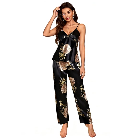 A AGROSTE Women's Silk Satin Pajamas Set 2 Pcs Floral Silky Pj Sets Sleepwear Cami Nightwear with Pant