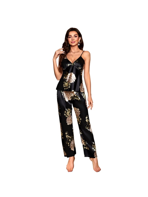Women's Silk Satin Pajamas Set 2 Pcs Floral Silky Pj Sets Sleepwear Cami Nightwear with Pant
