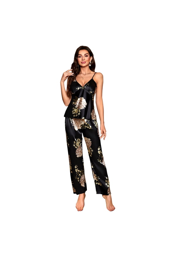 Women's Silk Satin Pajamas Set 2 Pcs Floral Silky Pj Sets Sleepwear Cami Nightwear with Pant
