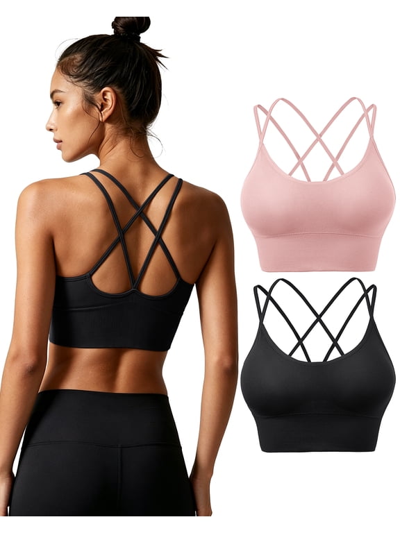 Women's Sport Bras-2 Pack Seamless Wirefree Criss Cross Back Strappy Padded Workout Bras for Yoga Running Gym Fitness