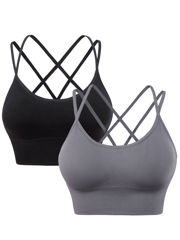 Women's Strappy Sport Bras-2 Pack Seamless Wirefree Criss Cross Back Sport Bras with Removable Padded