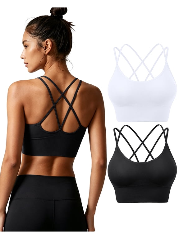 Women's Sport Bras-2 Pack Seamless Wirefree Criss Cross Back Strappy Padded Workout Bras for Yoga Running Gym Fitness