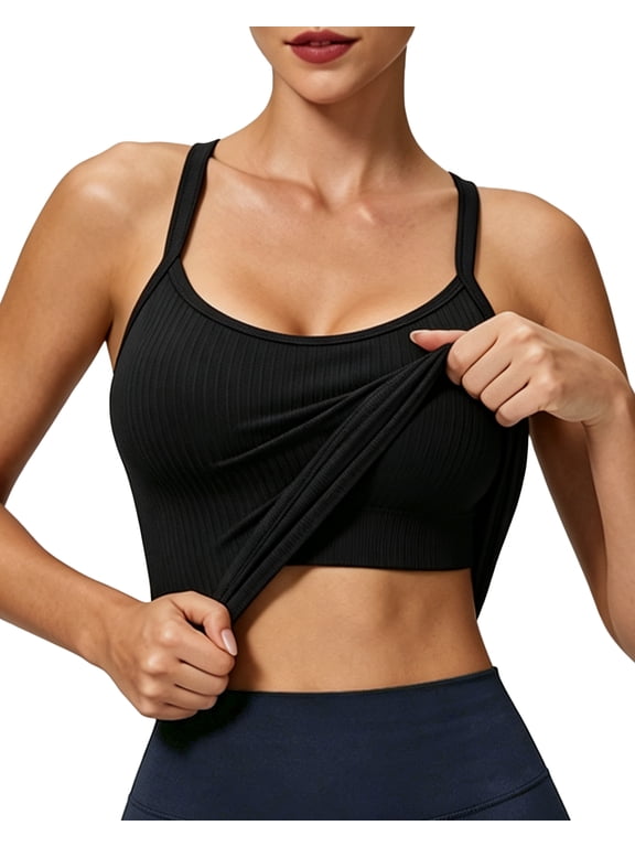Women's Workout Tank Tops with Built in Bra-Seamless Ribbed Cross Back Strappy Sport Top for Yoga Gym Exercise Daily