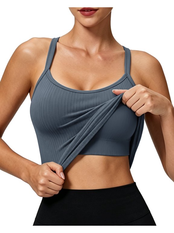 Women's Workout Tank Tops with Built in Bra-Seamless Ribbed Cross Back Strappy Sport Top for Yoga Gym Exercise Daily