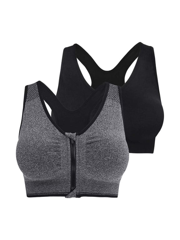 Women's Zip Front Closure Sports Bra - Seamless Wirefree Post Surgery Zipper Padded Racerback Workout Gym Yoga Bras