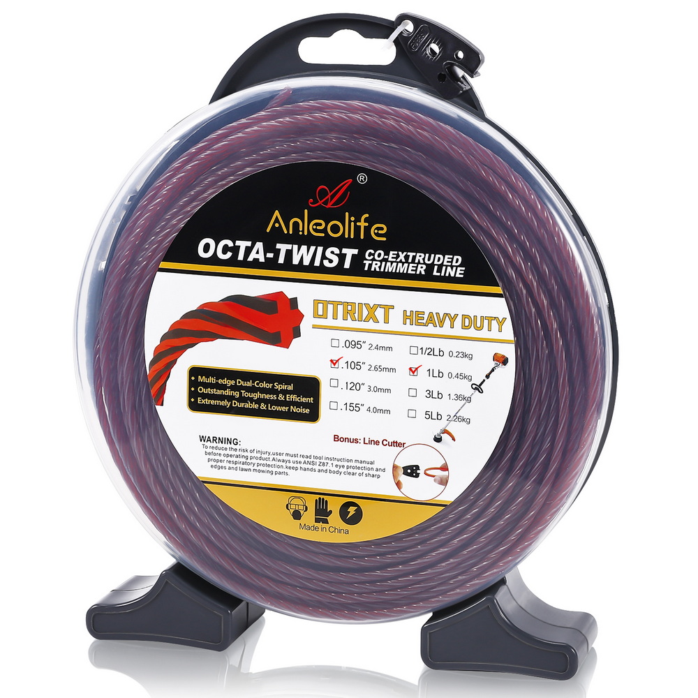 A ANLEOLIFE 1-Pound Heavy Duty Octa-Twist .105-Inch-by-256-ft Trimmer Line Donut,OTRIXT Co-Extruded Multi-Edge Spiral Weed Eater String, Red