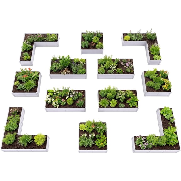 A ANLEOLIFE 12-Piece 18 Inch Tall Raised Garden Beds Kit, L-Shaped, Square & Rectangular Metal Planters for Flexible Backyard Layouts, Antique White