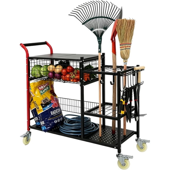 A ANLEOLIFE 3-in-1 Rolling Garden Cart with Brakes , Portable Planting Bench, Harvest Basket & Tool Rack, Heavy Duty Steel Utility Caddy