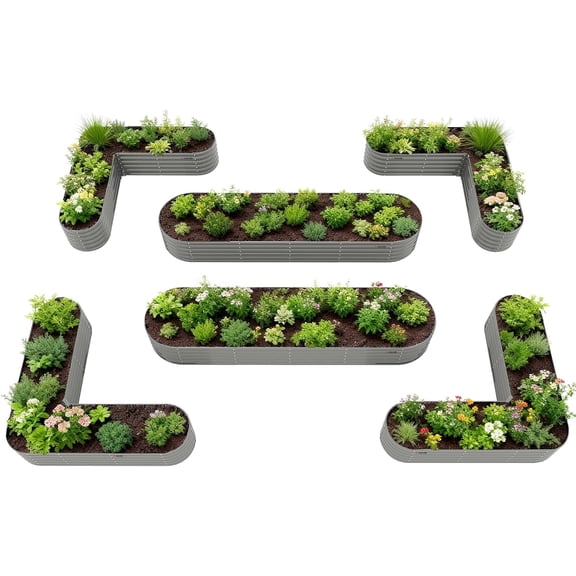 A ANLEOLIFE 6-Piece 18 Inch Tall Quartz Grey Raised Garden Beds Kit, Heart-Shaped & Long Oval Planters for Creative Garden Layouts.