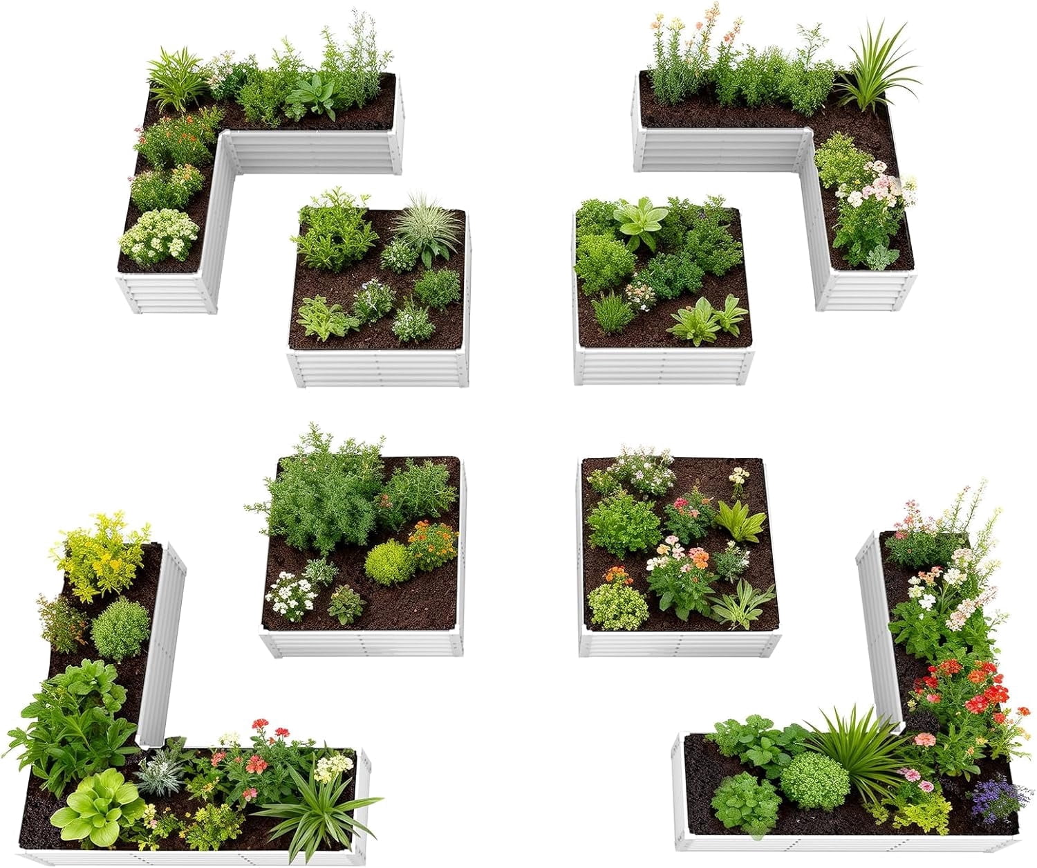 A ANLEOLIFE 8-Piece 18 Inch Tall Antique White Raised Garden Beds Kit, L-Shaped & Square Metal Planters –Ideal for Structured Backyard Layouts.