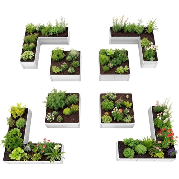 A ANLEOLIFE 8-Piece 18 Inch Tall Antique White Raised Garden Beds Kit, L-Shaped & Square Metal Planters Ideal for Structured Backyard Layouts.