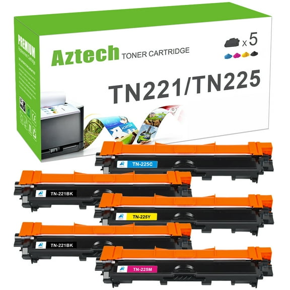 A AZTECH 5-Pack Compatible Toner Cartridge for Brother TN-221 BK TN-225 CMY HL-3140CW HL-3150CDW HL-3170CDW MFC-9130CW MFC-9330CDW DCP-9020CDW Printer (2*Black,Cyan,Magenta,Yellow)
