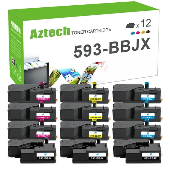 A AZTECH Compatible E525W Toner Cartridge for Dell 593-BBJX for Dell E525W Printer Ink (12-Pack | 3*Black,3*Cyan,3*Magenta,3*Yellow)