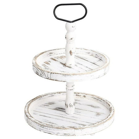 A Akraf Farmhouse Wooden Two Tier Serving Tray, Distressed Wood, Rustic Decor