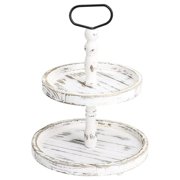 A Akraf Farmhouse Wooden Two Tier Serving Tray, Distressed Wood, Rustic Decor