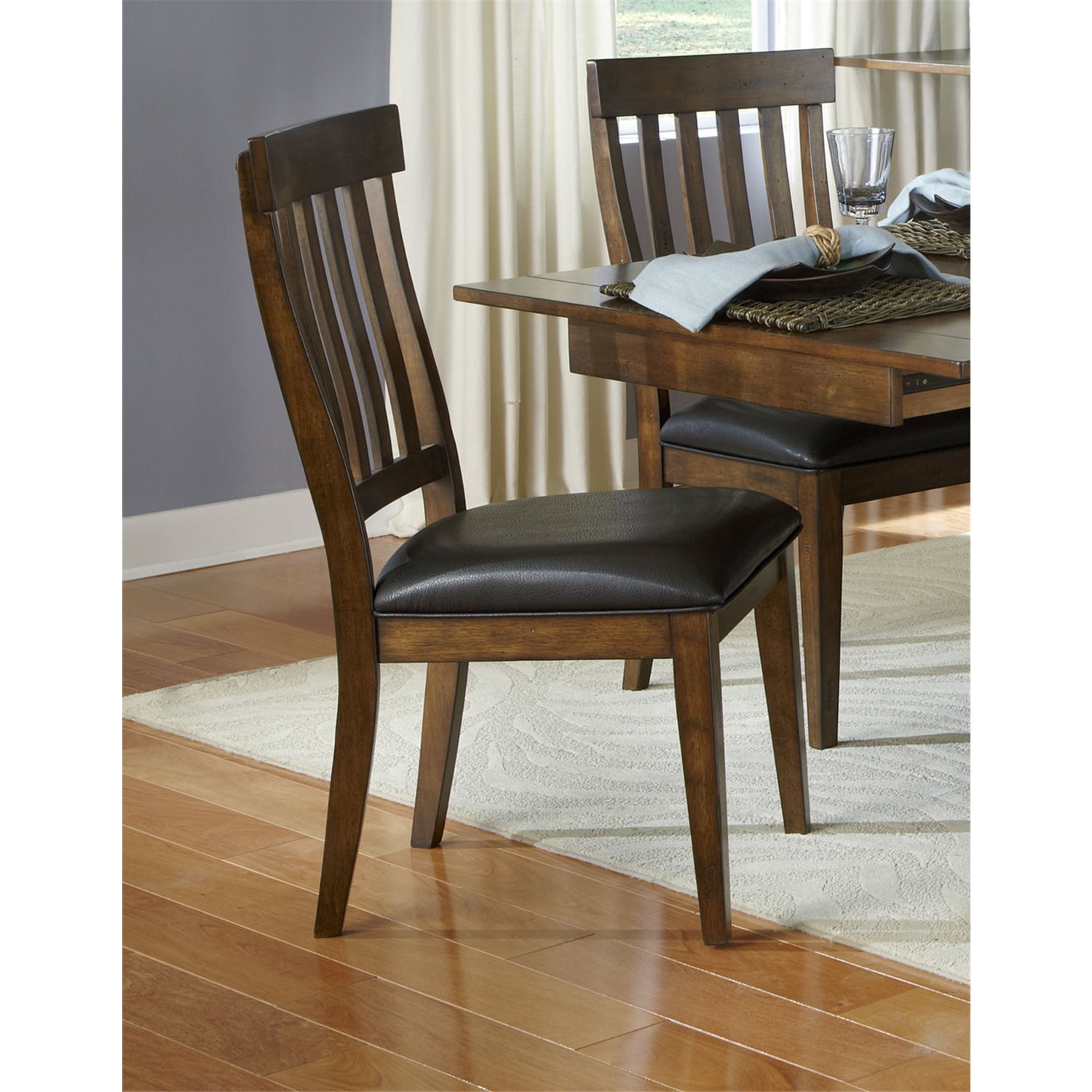 Rustic Whiskey Finish Faux Leather Upholstered Side Chair with Slat Back