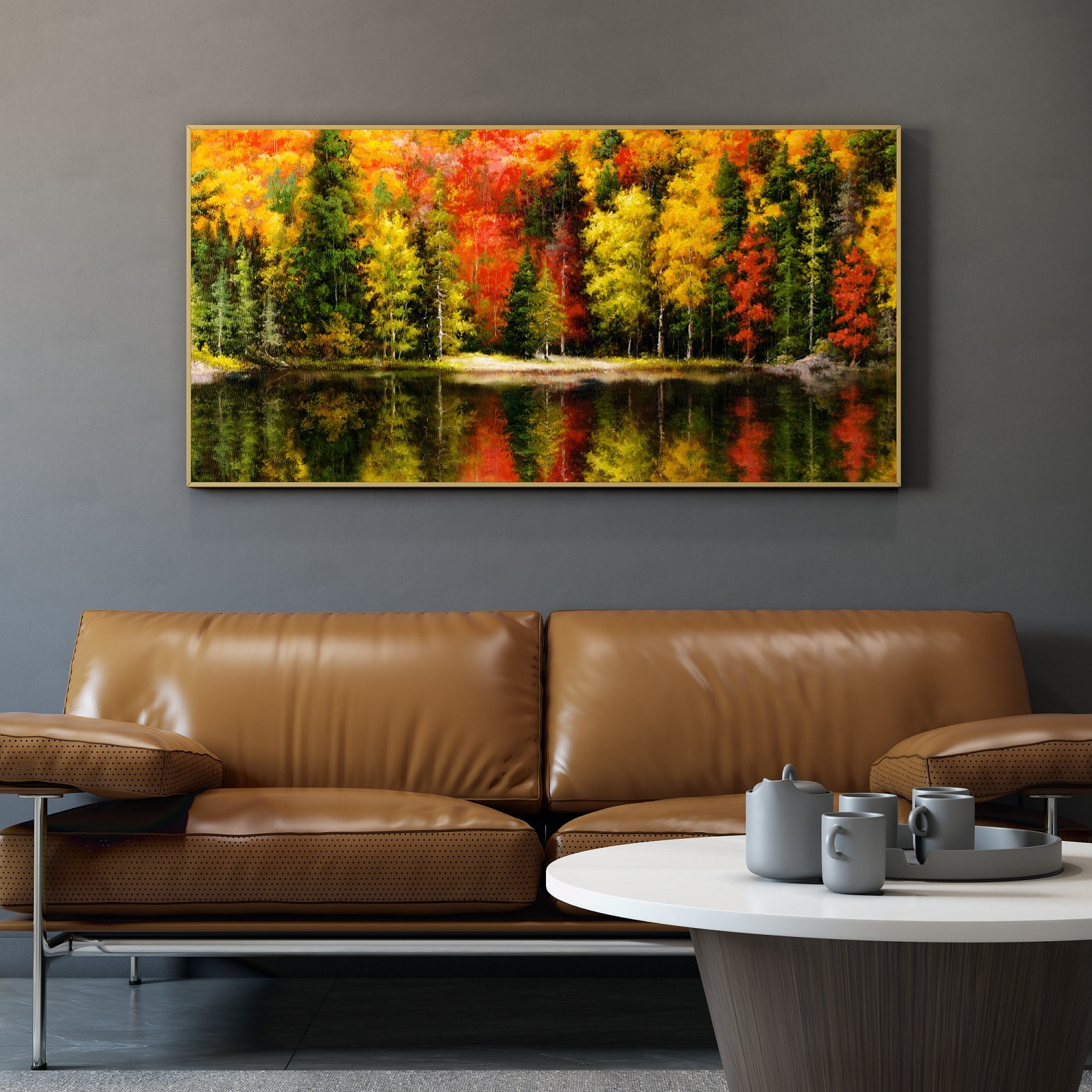 Large Autumn Landscape Abstract Canvas Painting with Gold Frame