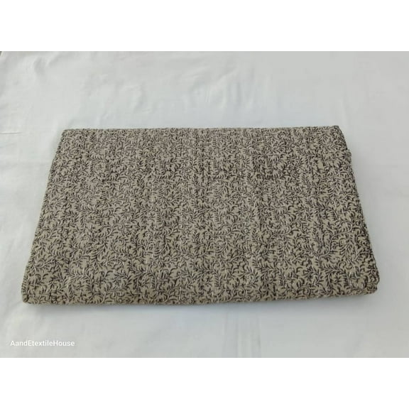 A And E Textile House Beige Kantha Quilt Handblock Print floral Kantha Indian Beddding Netural Colour Indian inspired Bedding beige floral quilt