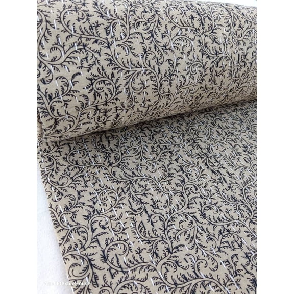 A And E Textile House Beige Kantha Quilt Handblock Print floral Kantha Indian Beddding Netural Colour Indian inspired Bedding beige floral quilt