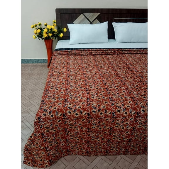 A And E Textiles House Handmade Kantha Quilt Handblock Print floral Kantha Indian Netural Colour Indian inspired Bedding Hand Stitched Rural Quilted