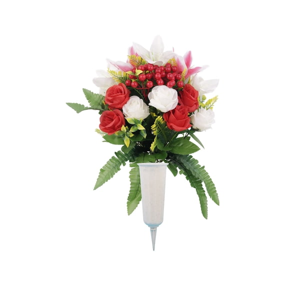 A Artificial Cemetery Flowers Floor Standing Shasha Roses Bouquet With Ribbon And Bucket Faux Plant For Graveyard And Memorial Decoration