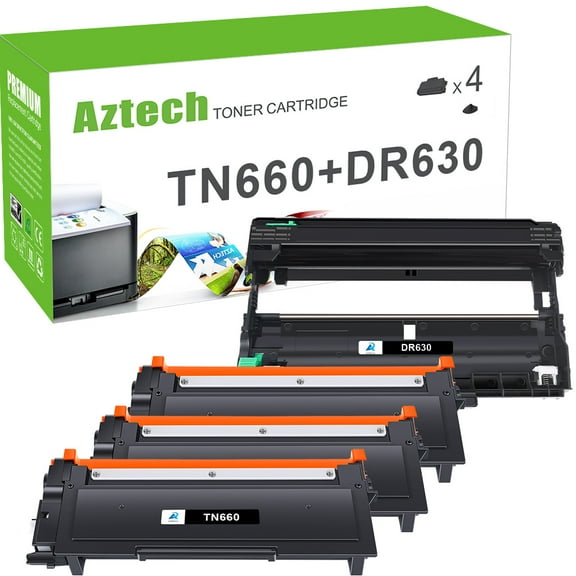 A Aztech 4-Pack Compatible TN-660 Toner Cartridge & DR-630 Drum Unit for Brother HL-L2300D HL-2360DW DCP-L2540DW DCP-L2560DW MFC-L2700DW MFC-L2740DW (3x TN660 Toner Cartridge, 1x DR630 Drum Unit)