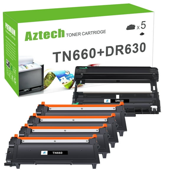 A Aztech 5-Pack Compatible TN660 Toner Cartridge and DR630 Drum Unit Set for Brother TN660 DR630 HL-L2360DW HL-L2340DW HL-L2380DW DCP-L2520DW MFC-L2680DW (4x Toner Cartridge, 1x Drum)