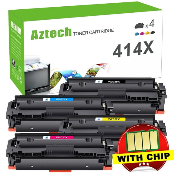 A Aztech Compatible Toner Cartridge(with chip) for HP W2020X W2021X W2022X W2023X 414X 414A for Color Pro MFP M479fdw M454dw M454dn M479fdn Printer (Black, Cyan, Magenta, Yellow, 4-Pack)