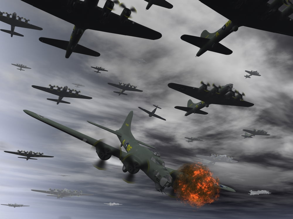 A B-17 Flying Fortress is set ablaze by a German Interceptor Fighter Plane Canvas Art - Mark StevensonStocktrek Images (33 x 25)