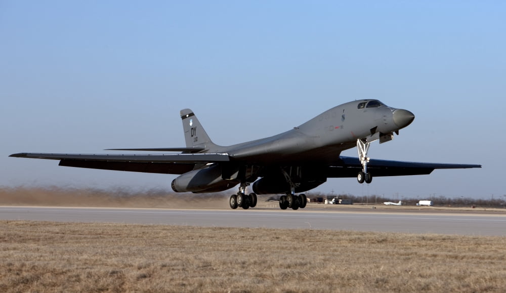 A B-1B Lancer takes off from Dyess Air Force Base Texas Canvas Art - HIGH-G ProductionsStocktrek Images (37 x 22)