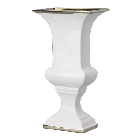 A&B Home 14" Vintage Style Ceramic Pedestal Vase with Square Base in Gold & White